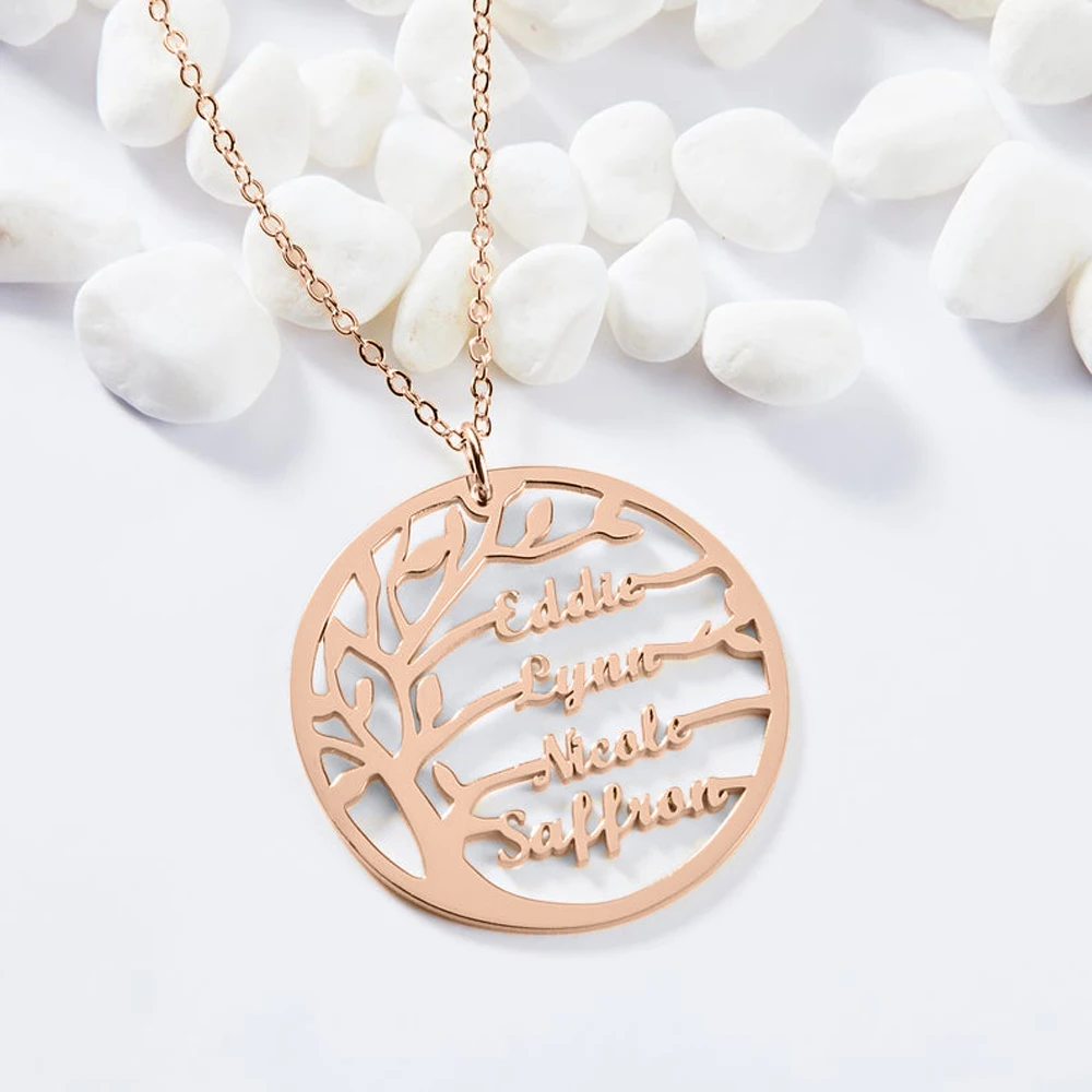 Personalized Tree of Life Pendant Necklace Stainless Steel Custom 1-4 Children\'s Names Necklace for Women Birthday Gifts for Mom