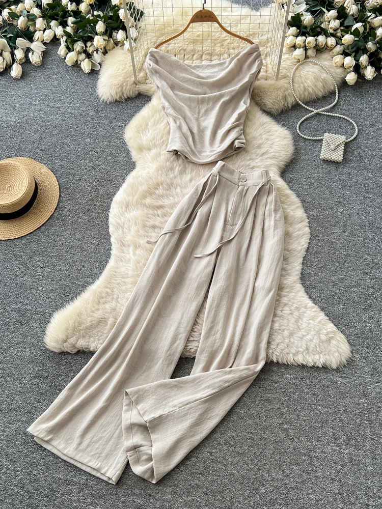 

Elegant Commuter Style Two-Piece Set Women's Summer Slimming High Waist Wide Leg Pants Vest Top Fashionable Casual Workwear