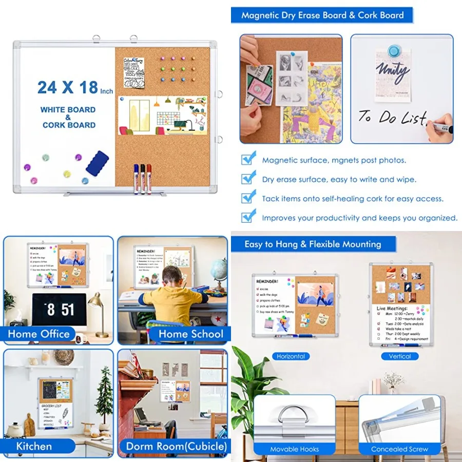 Magnetic White Board and Cork Board Combo, Whiteboard Bulletin Combination Board, Wall Mounted Dry Erase Message Board for Home