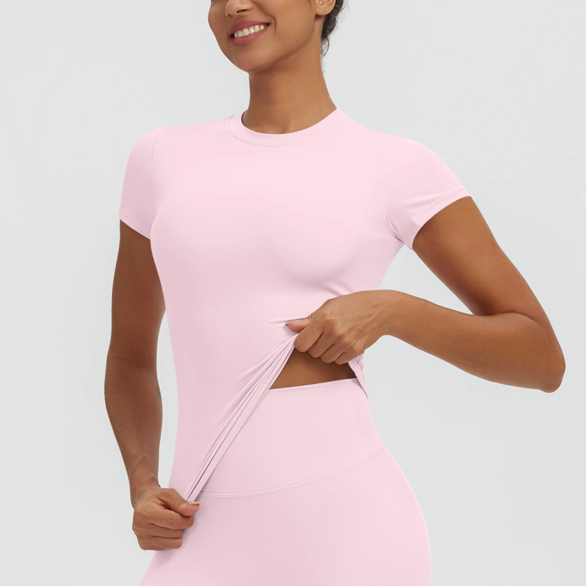 Hochelastisches, schnelltrocknendes, einfarbiges Yoga-Kurzarm-T-Shirt für Damen, Workout-Oberteil, schmal geschnittenes, lässiges Sport-, Lauf-, Fitness- und Yoga-T-Shirt. – Detail 24