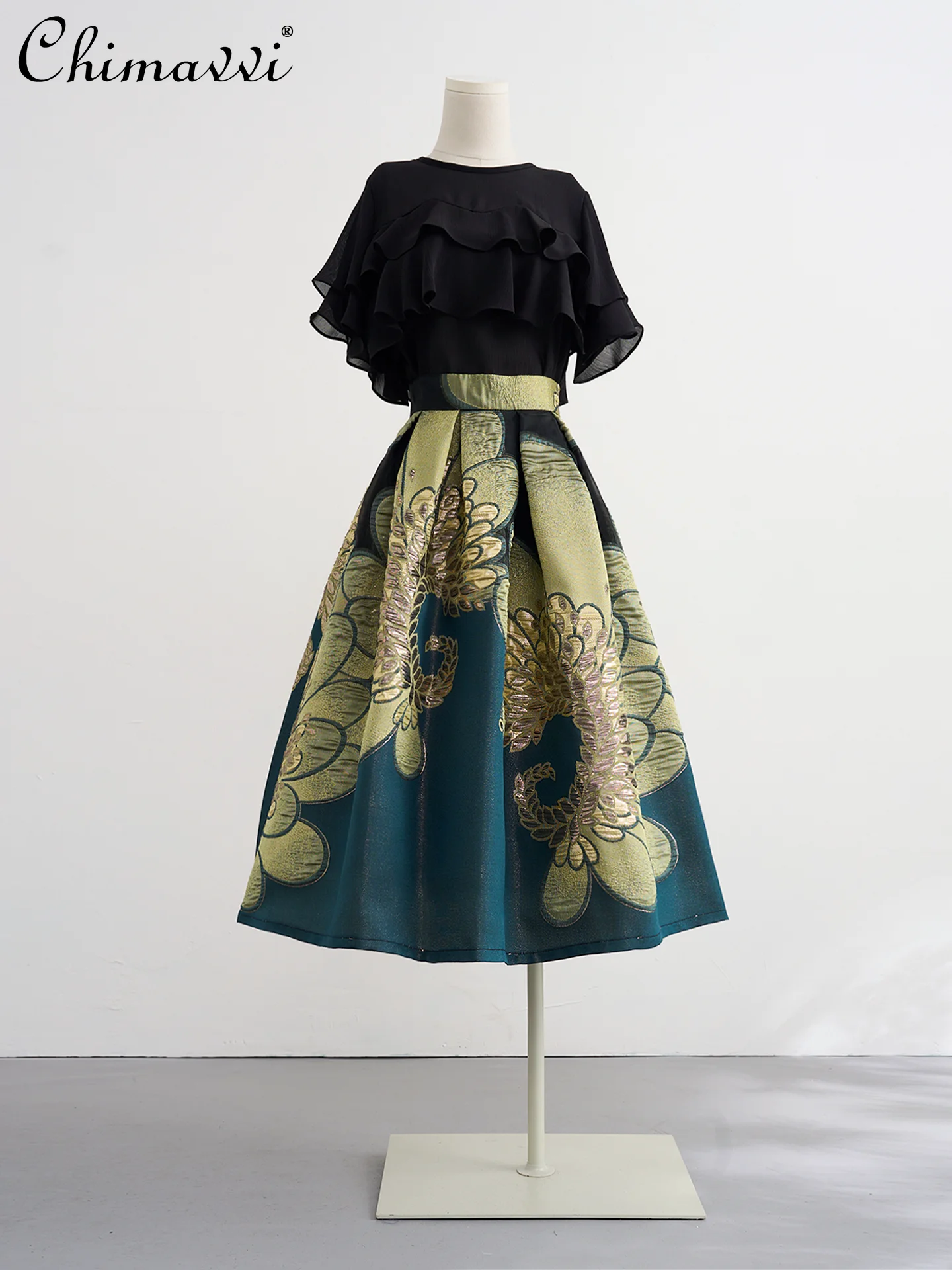 

French Elegant Temperament Versatile Vintage Skirts Fashion Printed Jacquard High Waist A-line Pleated Long Skirt Women Summer
