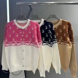 Women's Clothing Vintage Letter Jacquard Loose Wool Sweaters Autumn Winter Casual O-neck Basic Thin Office Lady Knitted Cardigan