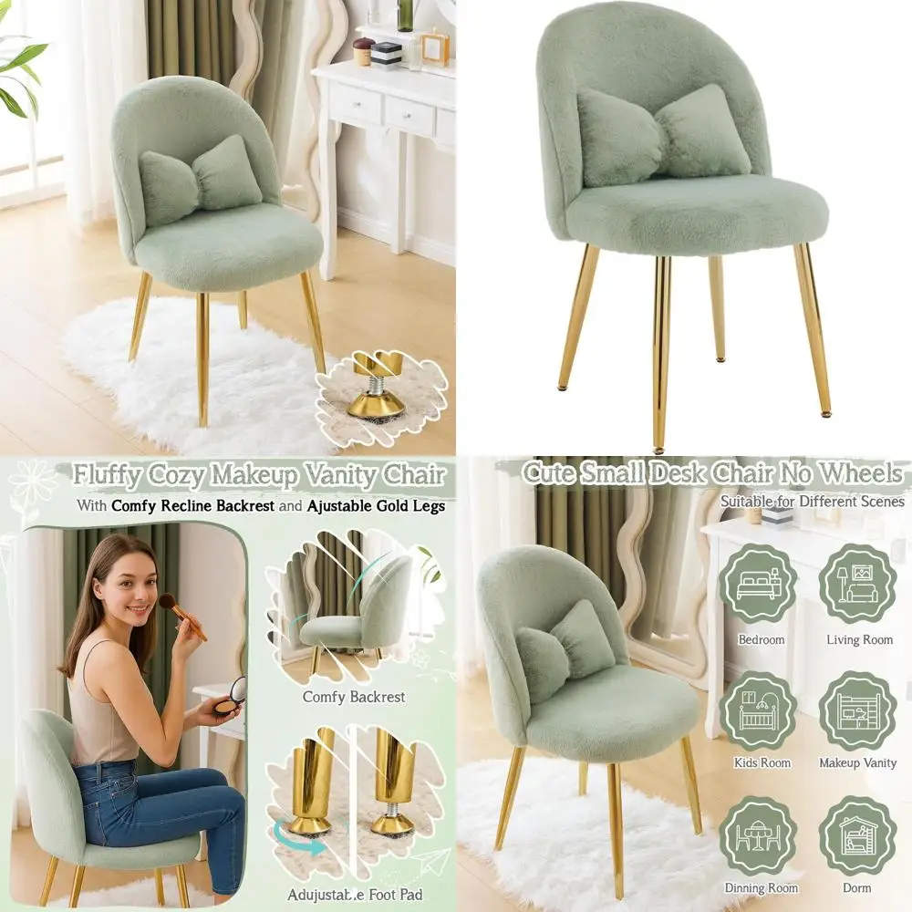 

Green Cozy Vanity Chair with Adjustable Gold Legs, Perfect for Small Desks, Makeup, Bedrooms, and Living Rooms