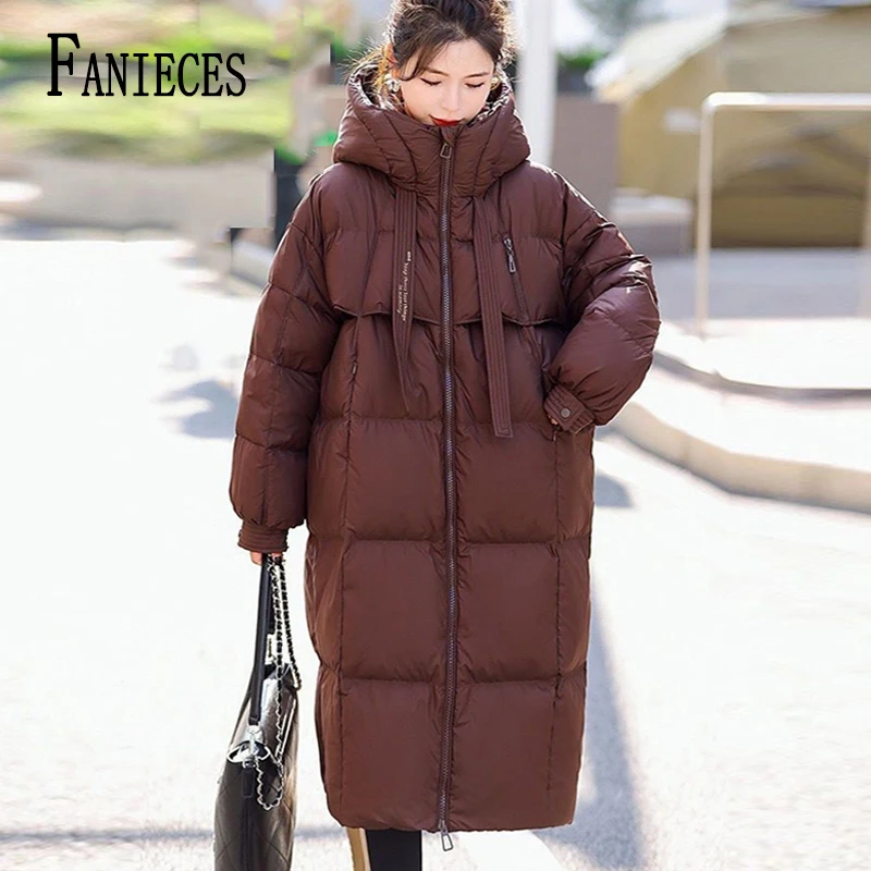 

Winter Women Long Coat With Hooded Solid Black White Jacket Loose Overcoat Warm Cotton Padded Casual Outerwears Oversized Parkas