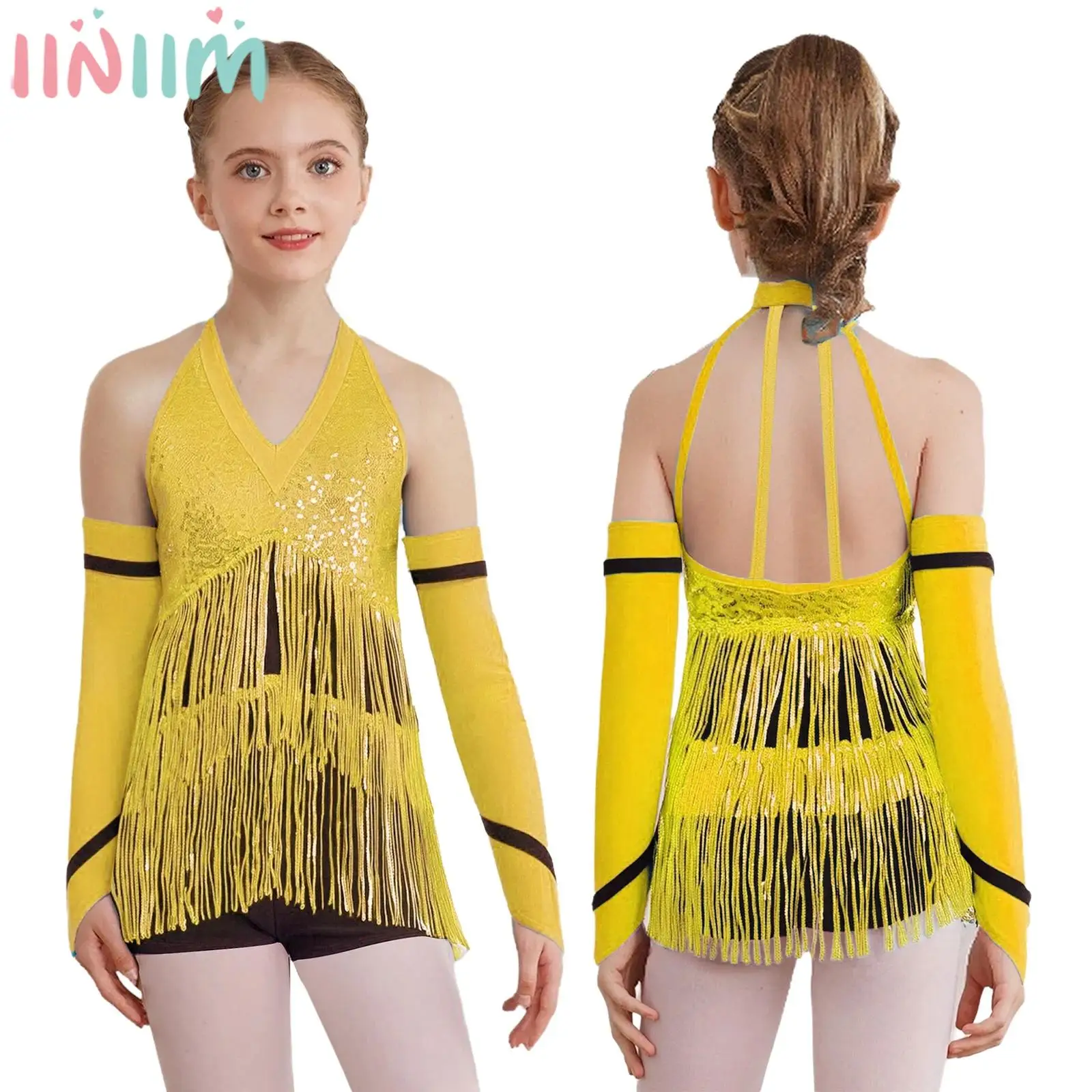 Teen Girls Latin Jazz Figure Skating Cha-cha Tango Samba Rumba Ballroom Bodysuit Halter Shiny Sequins Tassel Leotard with Gloves