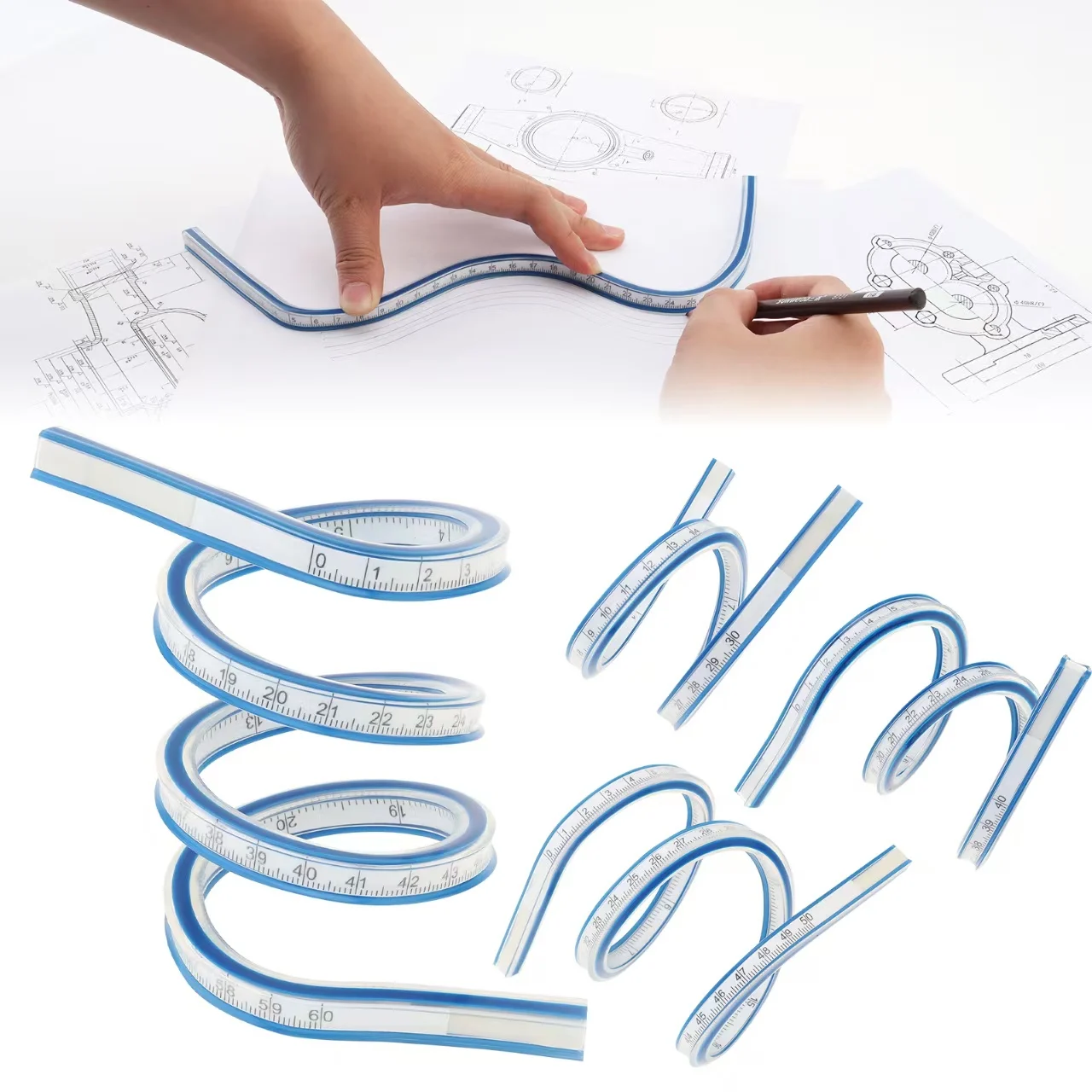 30/40/50/60cm Double Scale Curved Ruler Optional Imperial and Metric Soft Flexible Curve Ruler for Sewing / Engineering Drawing