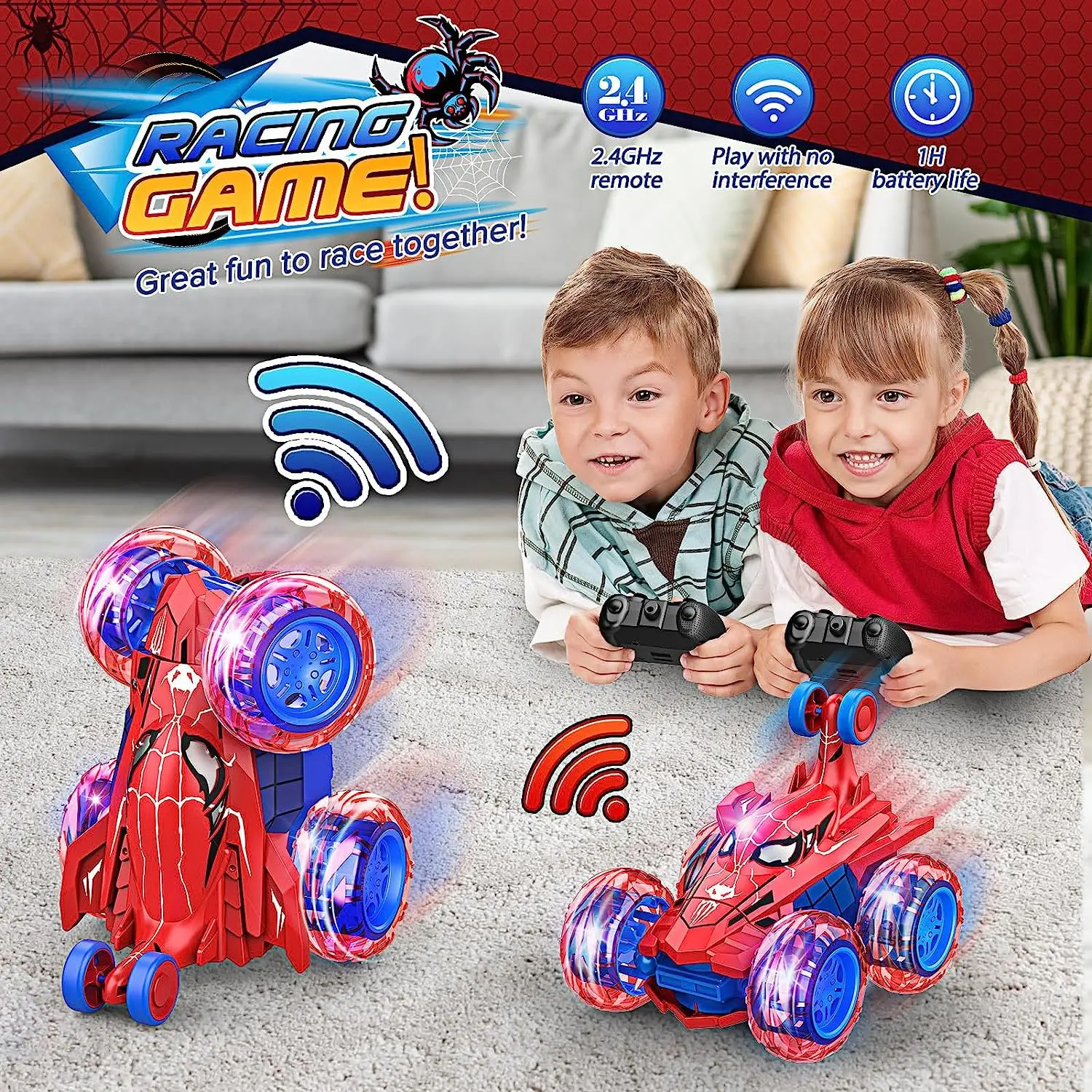 Kids Cool Rechargeable Remote Control Stunt RC Car Toy with 360 Flips 4WD Wheel ,Bright Light,  Kids Birthday Christmas Gift