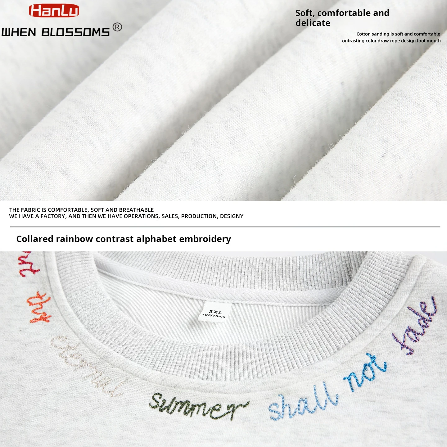 HANGLU 2025 Men's Heavyweight Crewneck Sweatshirt Rainbow Color Block Embroidered Letter Oversized Streetwear Pullover