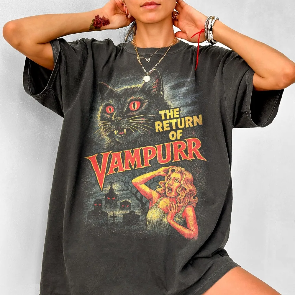 Halloween Cat T-shirt, 90s Retro Style Patterned T-shirt, Summer New Unisex T-shirt, Casual and Fashionable