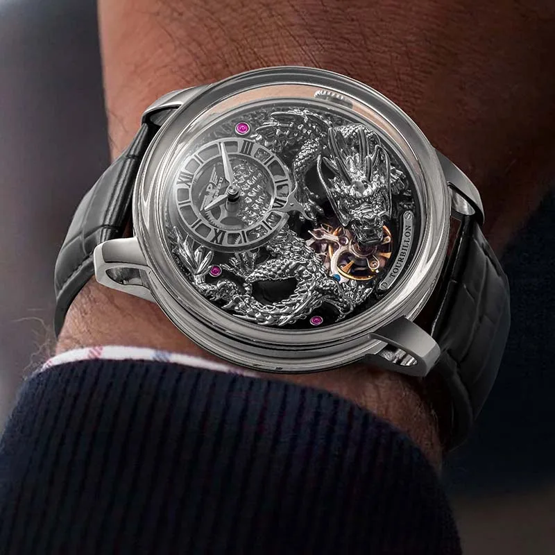 ساعة Pindu الفاخرة والأزياء المخصصة المقاومة للماء بمينا التنين الذهبي والفضي أوتوماتيكية بالكامل للرجال توربيون