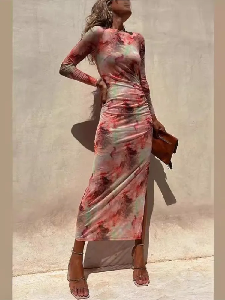 

Autumn New Dress Sexy Printed Women's Long Sleeved Dress Simple Fashion Slim Vestidos Para Mujer Party Nightclub Long Dresses