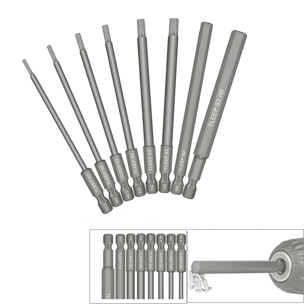 8pcs/Set Hex Head Allen Wrench Drill Bits Set 100mm SAE Metric Allen Electric Hexagonal Bit Screwdriver Socket Bits