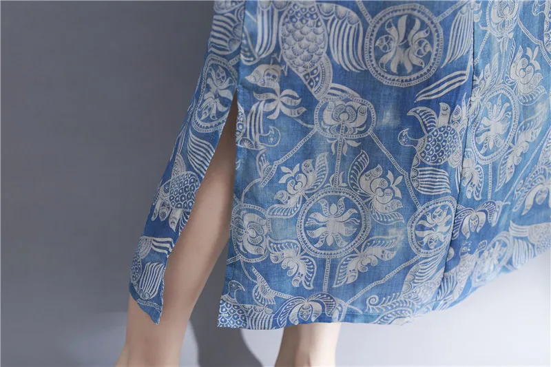 Estampado retro Dr Algodón Lino ort Sve Chino Sle Stand Collar Largo Dr Étnico Faion Commute Sle