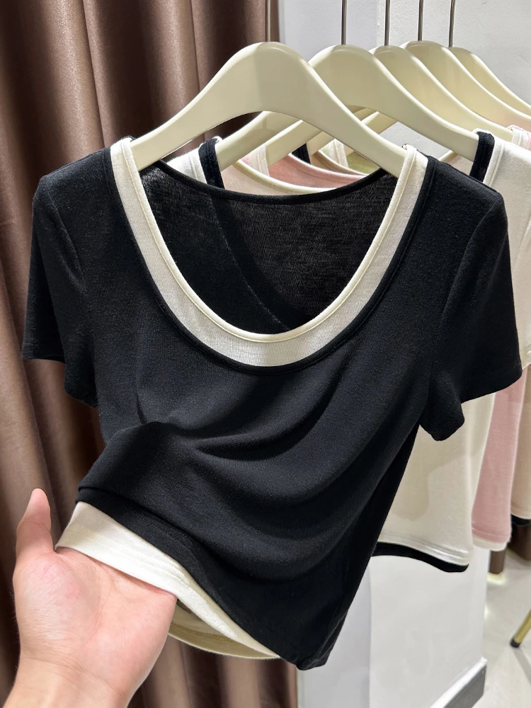 

Новая женская летняя ультраэластичная футболка с низким вырезом и коротким рукавом из модала, тонкая, с эффектом второй кожи, сексуальный укороченный топ с пэчворком