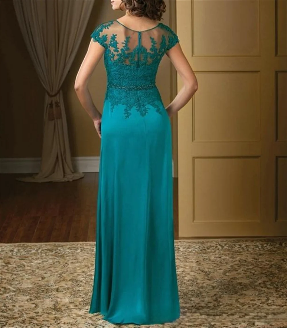 A-Line Lace Floor-Length Mother Of The Bride Dress Elegant 2023 Plus Sizes Turquoise Appliques Chiffon Short Sleeve Ruffles Belt