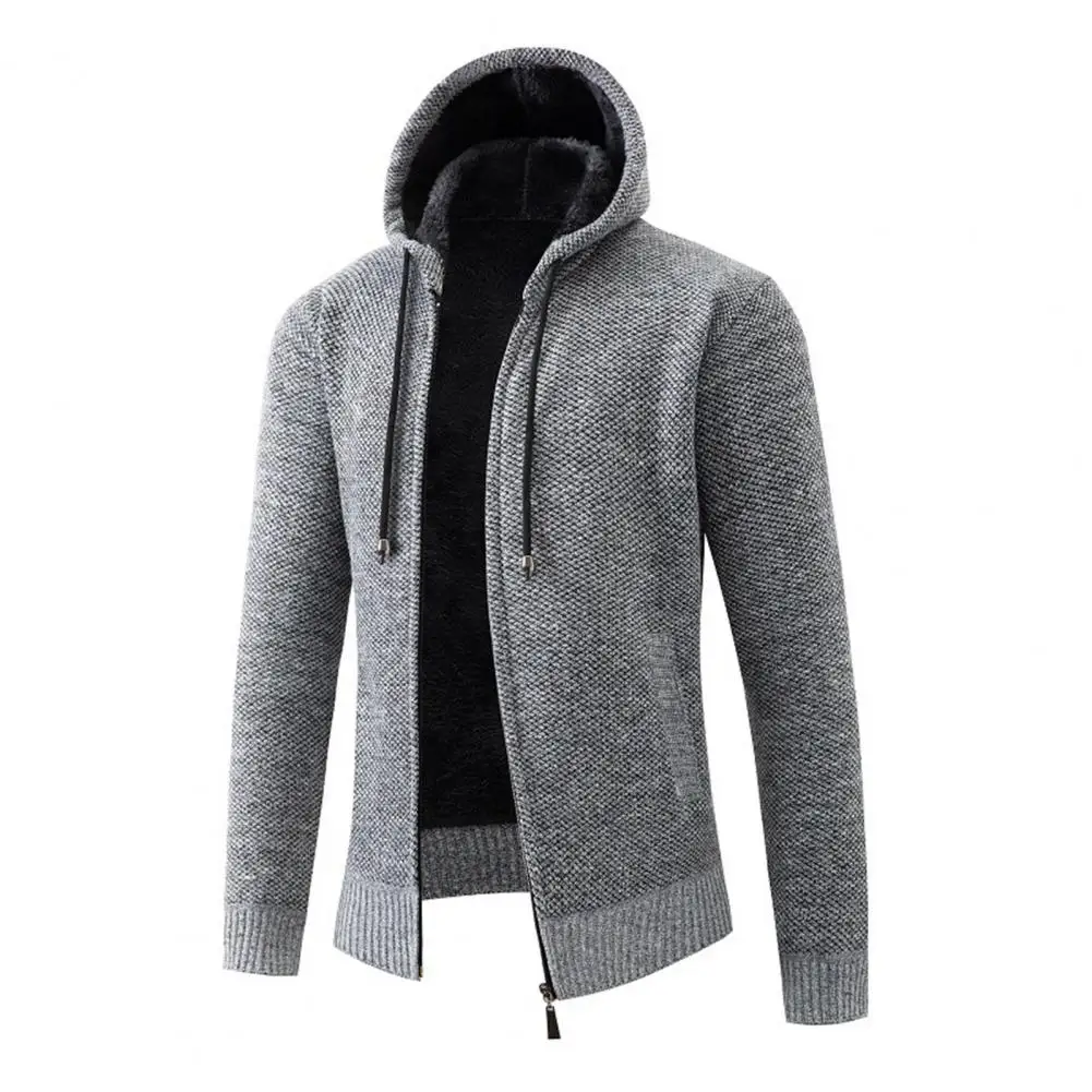 

Men Hooded Knitted Jacket Men's Fall Winter Hooded Cardigan Coat with Velvet Lining Ribbed Cuffs Zipper Closure Stylish for Wear