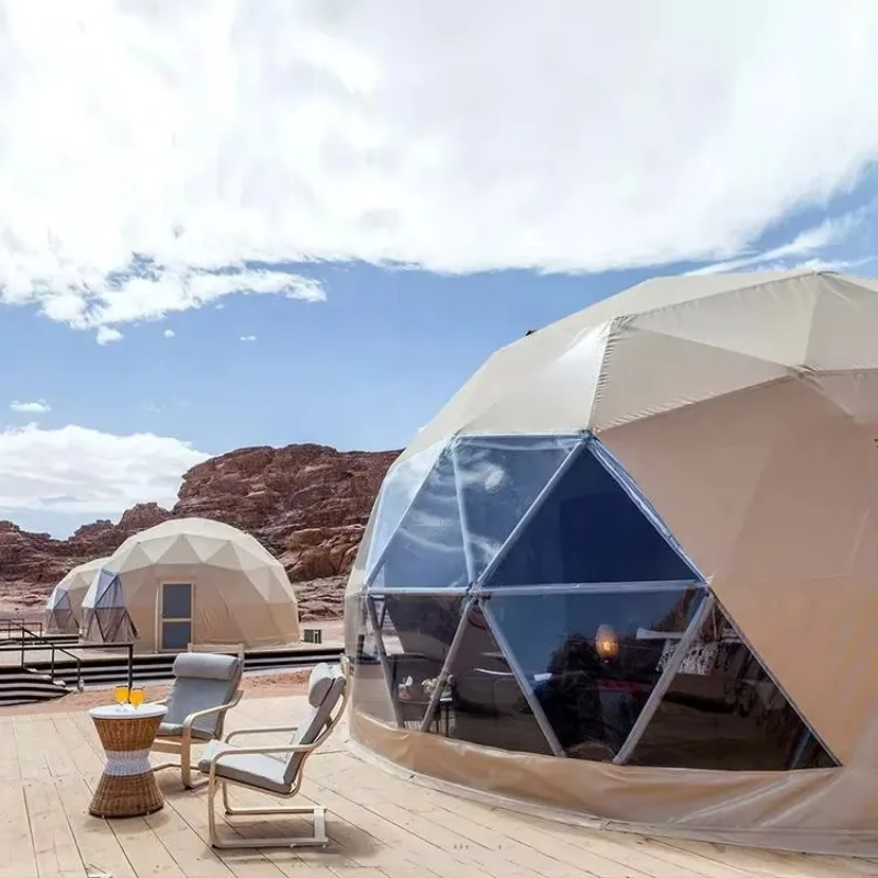 

Outdoor Garden Cabin Dome House Camping Geodesic Dome Tent Igloo with Transparent Roof Stove and Bathroom Customized