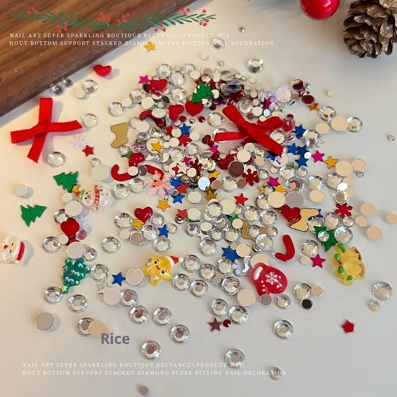 1 boîte de breloques pour ongles, série de noël, dessin animé, paillettes, nœud de père noël, strass, décoration Nail Art, maquillage pour les yeux, décoration DIY