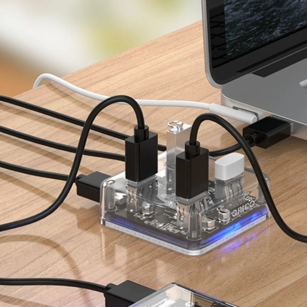 Transparent Housing USB 3.0 Hub Data Adapter 4-Port 5Gbps High Speed Data Transfer USB Splitter Wired USB Cable Plug And Play