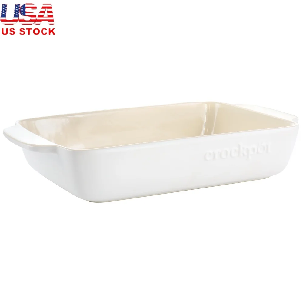 

4 Quart Rectangular Stoneware Bake Pan Microwave Dishwasher Safe Bakeware Ideal Family Meals with Built-in Handles
