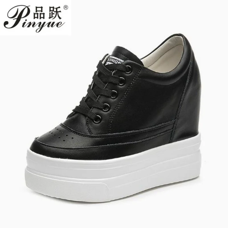 

11cm Women Autumn Leather Hidden Wedge Sneakers Platform Shoes High Heels Sneakers Female Casual Footwear 34-40