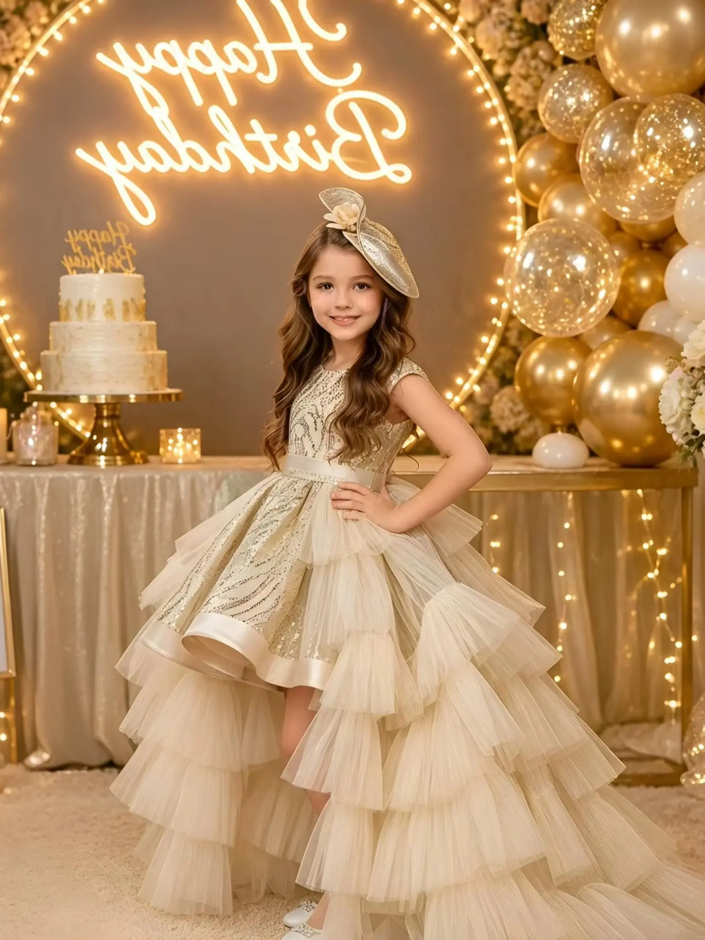Girls Sequin High Low Prom Dress Sleeveless Tiered Tulle Trailing Gown Kids Birthday Party Pageant Flower Girl Dresses For Weddi