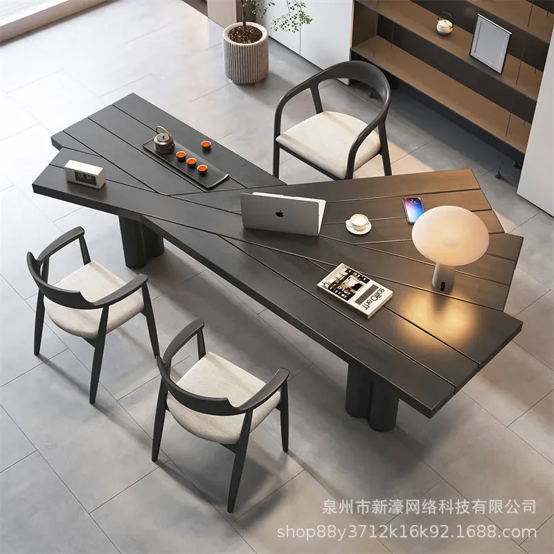 Light Luxury Minimalist Special Shaped All Solid Wood Computer Desk Black Creative Office Boss Table High End Home