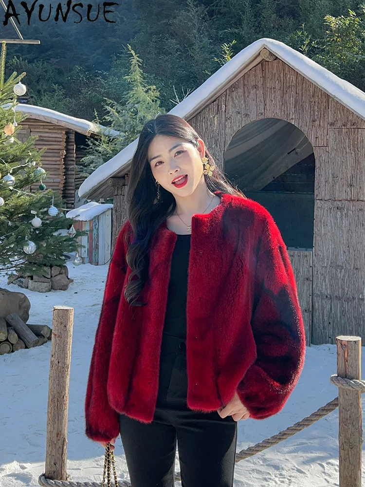 AYUNSUE 2025 กํามะหยี่ธรรมชาติ Mink Fur Jacket ผู้หญิงฤดูหนาวหรูหราทั้ง Mink เสื้อแจ็คเก็ตฤดูหนาวสําหรับเสื้อผ้าผู้หญิงสั้นС