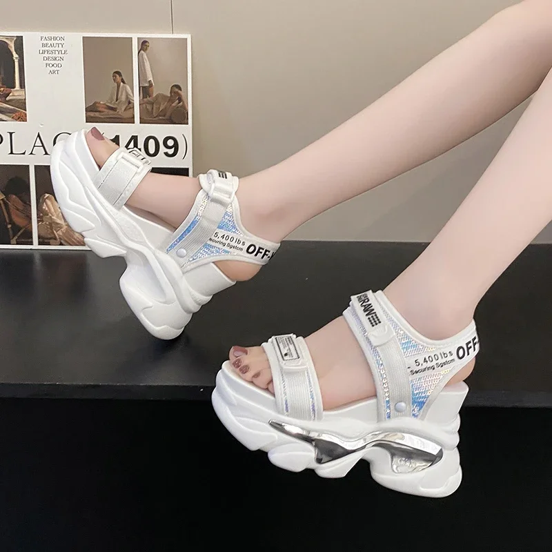 High Platform Sandals Women Bling Wedges High Heels New Summer Buckle Crystal Chunky Sandalias Beach Slippers Zapatos Mujer 10CM