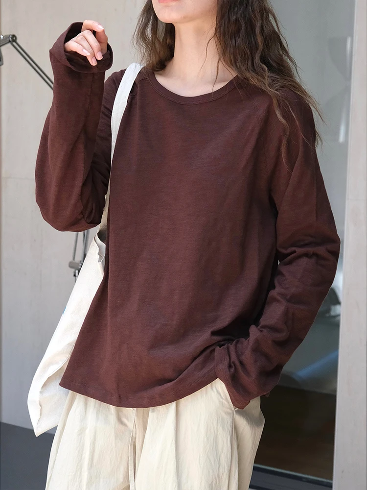 [LANMREM] Korean Style Long Sleeve T-shirt For Women Round Neck Casual Loose Minimalism Female Tops 2024 Autumn New 26D9961