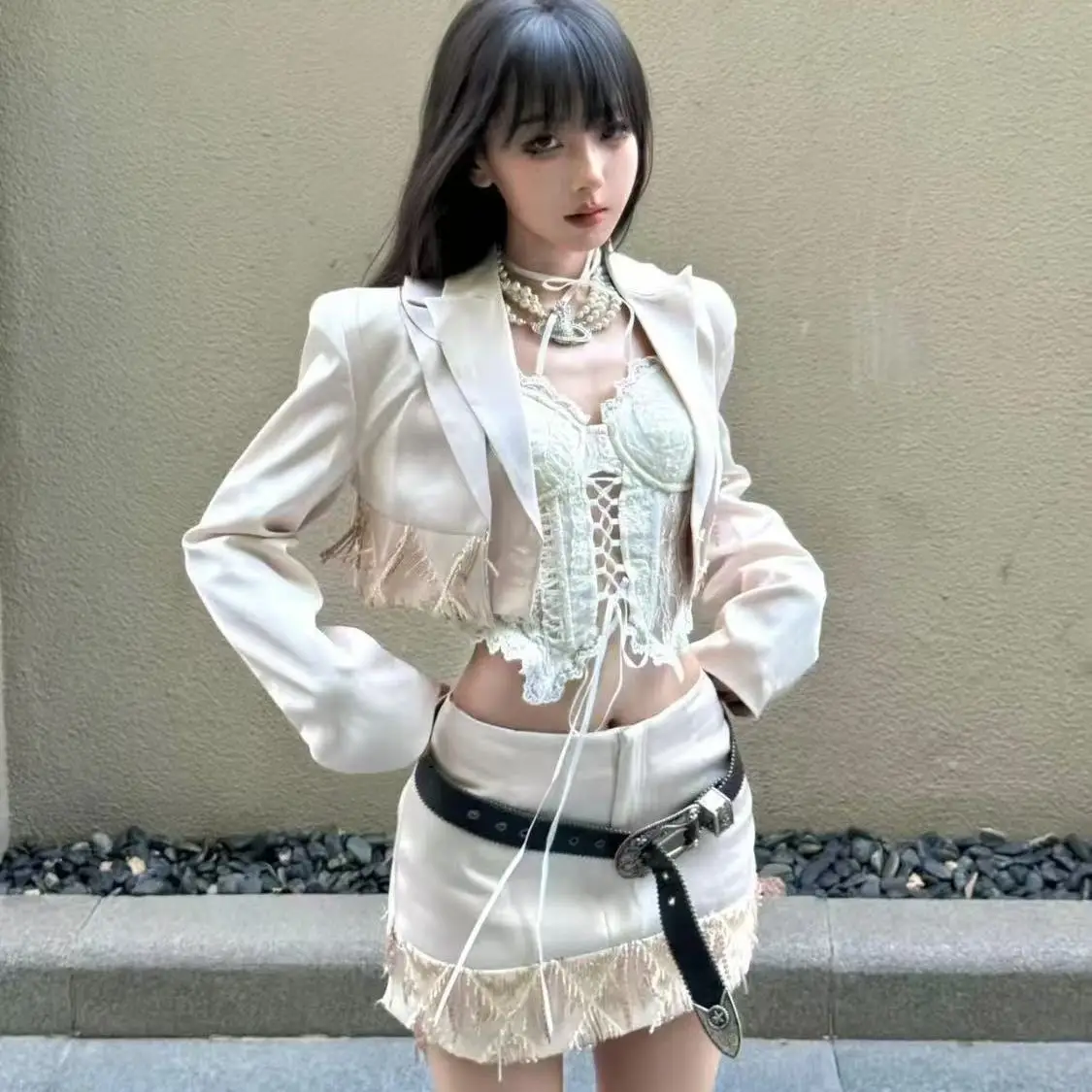 

Elegant Tassel Trim 3 Piece Set Women Short Blazer + Sexy Vest + Lace Mini Skirt Suit Vintage Chic Design Summer Fashion Outfit
