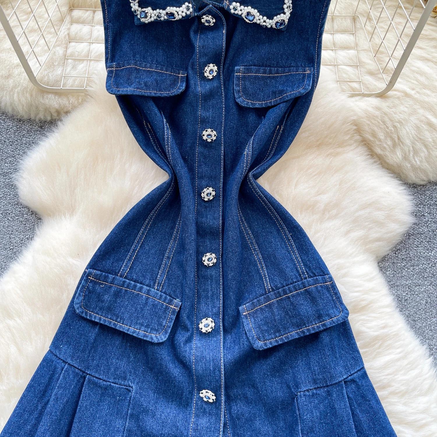 Chic vintage senza maniche strass Elegante fata moda coreana Boho Sundress abbigliamento donna mini abito