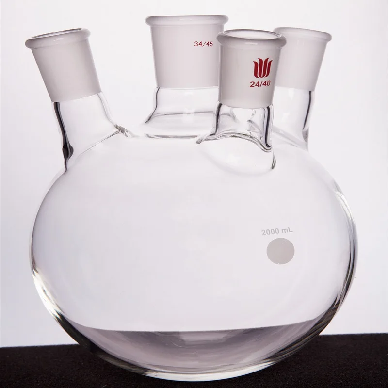 SYNTHWARE Thick walled oblique four necked bottle, Four-necked flask oblique shape, Capacity 2000mL, Borosilicate glass, F22