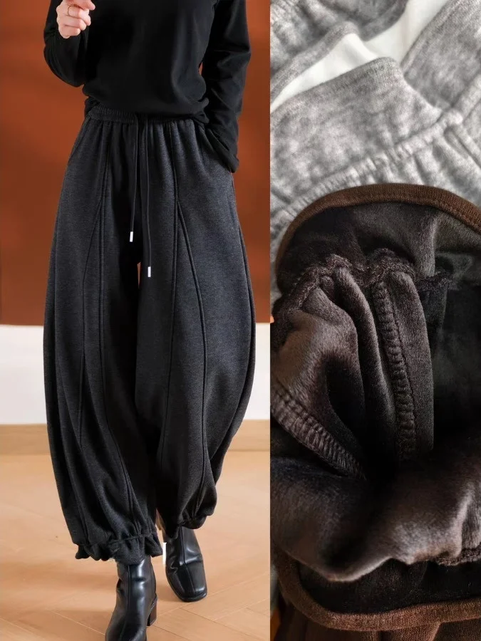 

Осенне-зимние женские модные брюки на заказ с флисовой подкладкой, повседневные, с двойной строчкой, из смесового хлопка, с завышенной талией