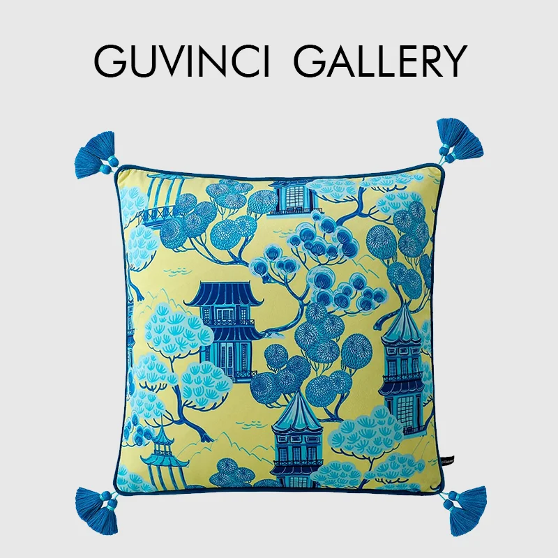 

GUVINCI Japanese Heron Teal Pagoda Landscape Throw Pillowcase Luxurious Velvet Decorative Cushion Cover Elegant And Comfort Deco