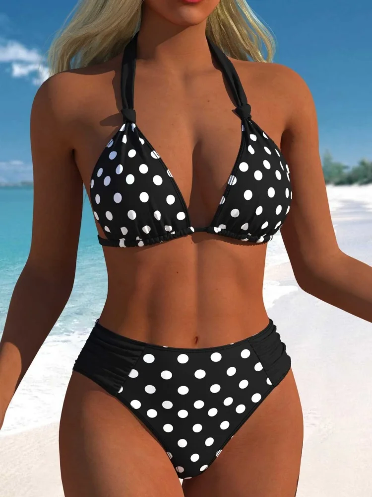 Summer Vintage Black Polka Dot Print Bikini Set 2026 Women Tie Strap Push Up Bra Hollow Out High Waist Swimsuit Bathing Swimwear
