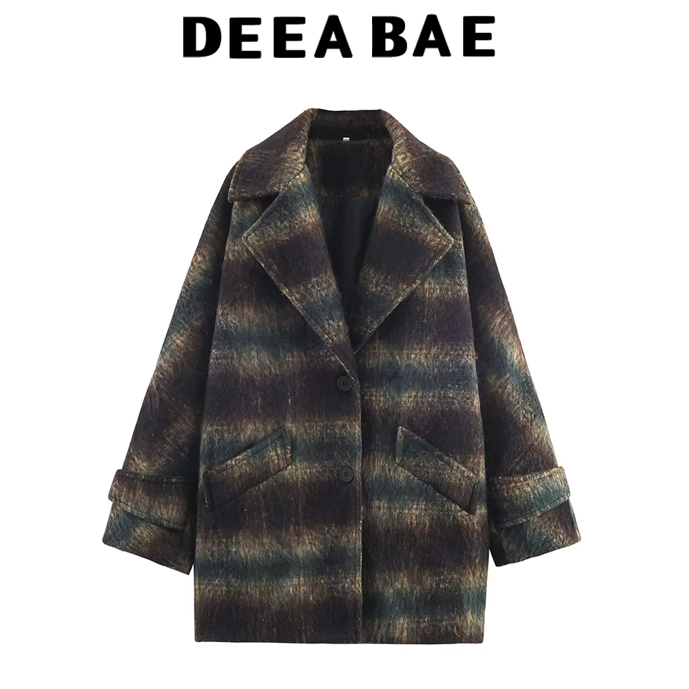 

DEEABAE Новая осенне-зимняя женская одежда, короткое пальто со свободным воротником в стиле ретро, клетчатая шерстяная куртка