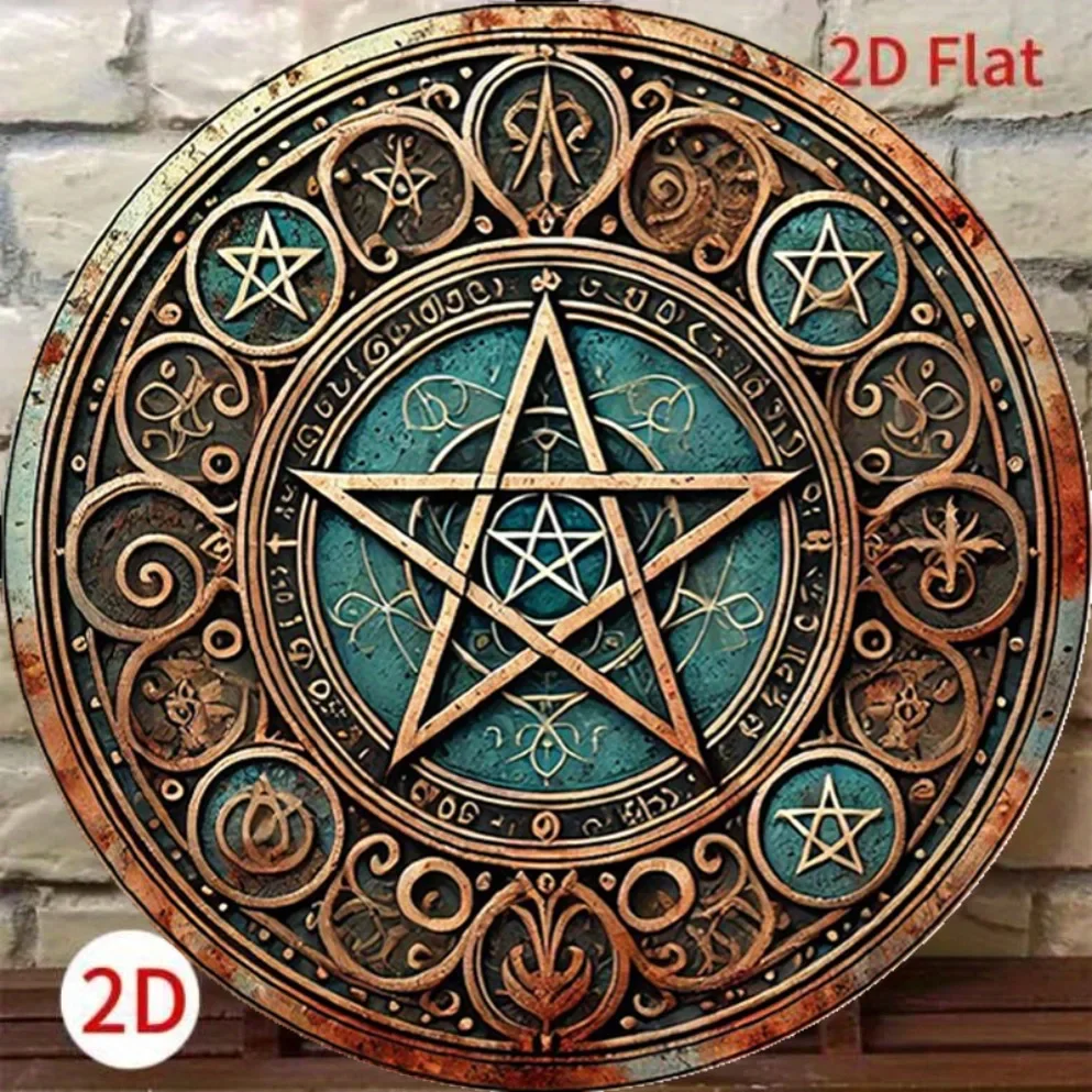 Vintage Wiccan Pentagram Metal Sign - Carved Circular Plaque for Home & Altar Decor, Mystical Wall Art for Gothic Enthusiasts
