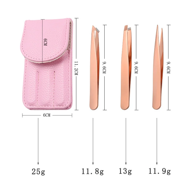 Beauty Tools Three Piece Set Tweezers Big Belly Eyebrow Clip Leather Cover Stainless Steel Rose Gold Eyebrow Clip