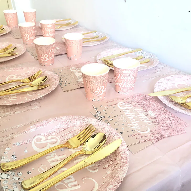 

Lotus Pink Diamond Birthday Party Tableware Set, Paper Tray, Tissue, Tablecloth, Wedding Decoration Supplies