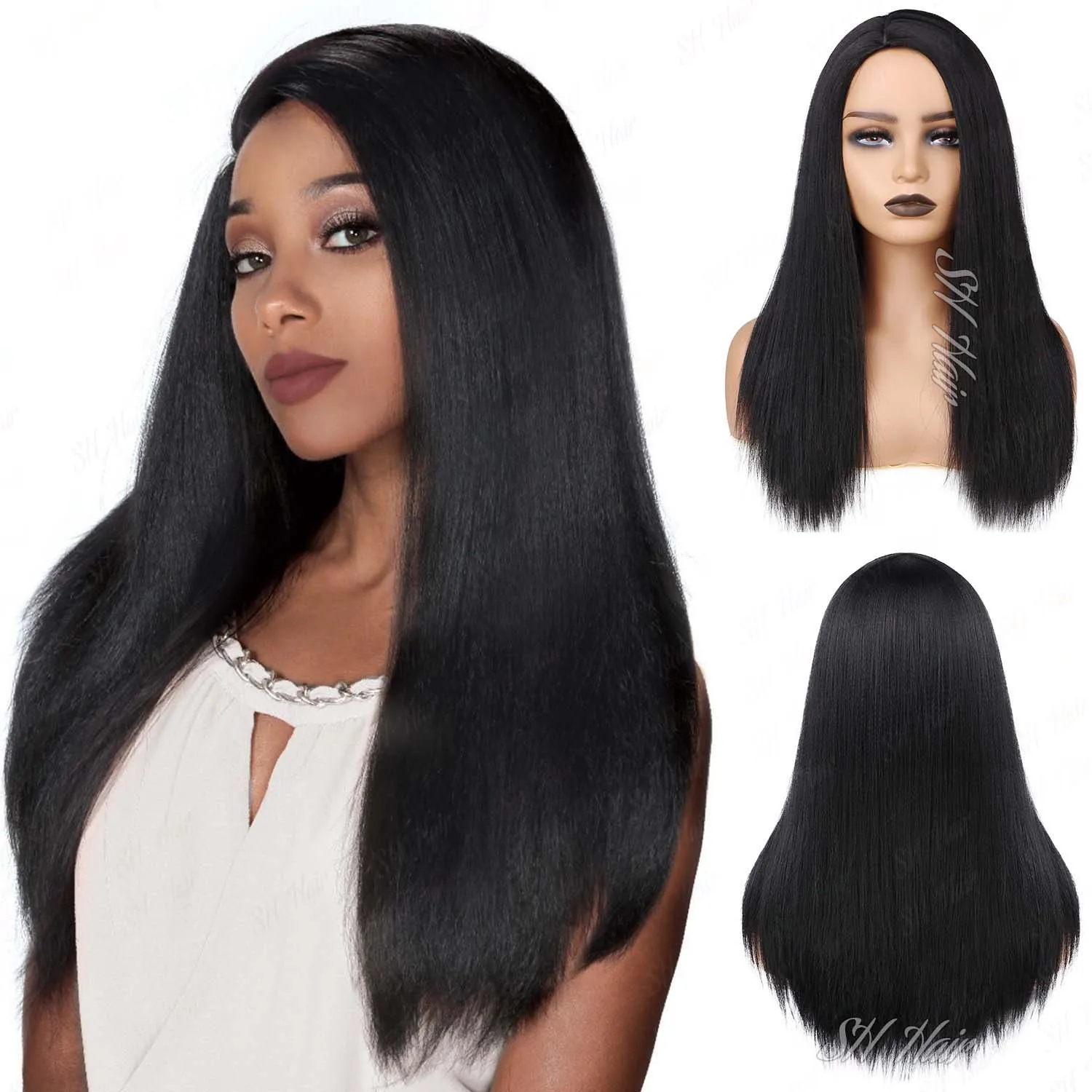 

Synthetic Long Black Yaki Wigs for Women Yaki Wigs None Lace Kinky Straight Wig Replacement Wigs 20 Inch, Multi-colored Wig