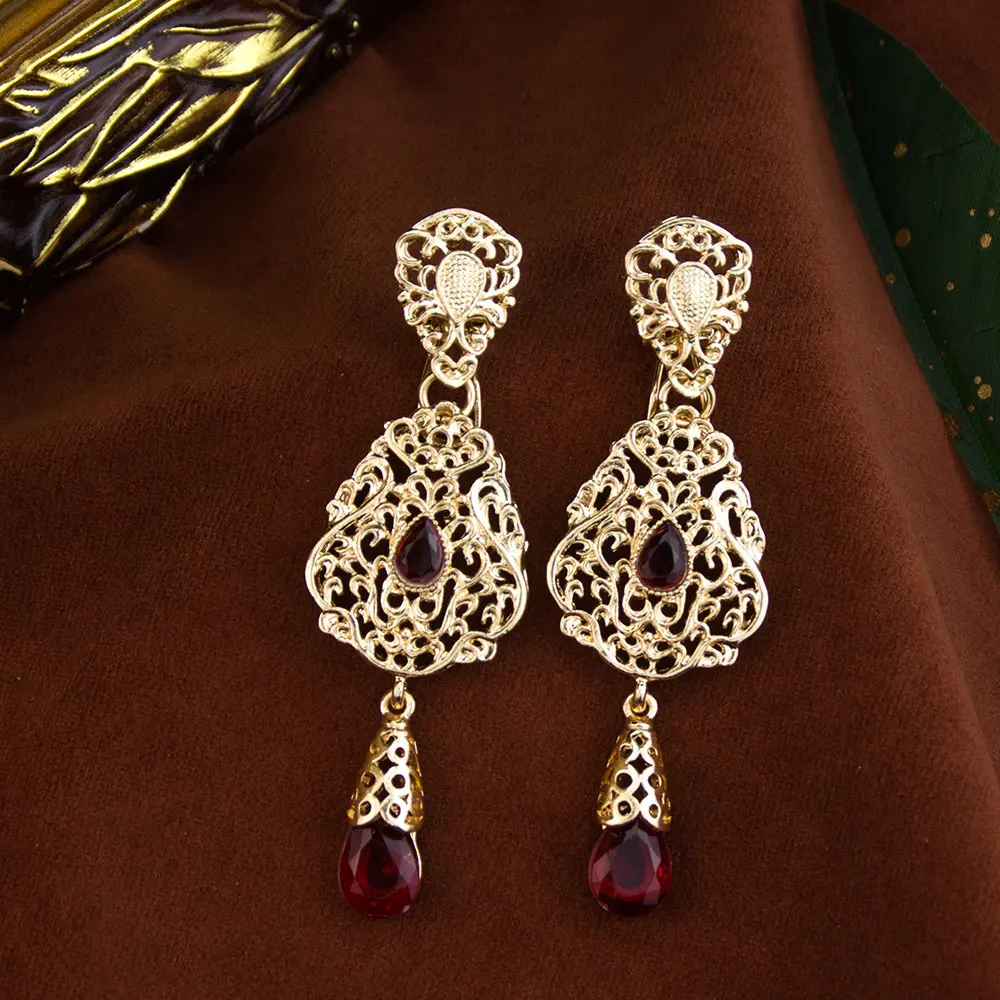 Sunspicems Moroccan Earrings Women\'s Wedding Jewelry Crystal Hollow Water Droplet ShapePendant Traditional Arab Wedding Jewelry