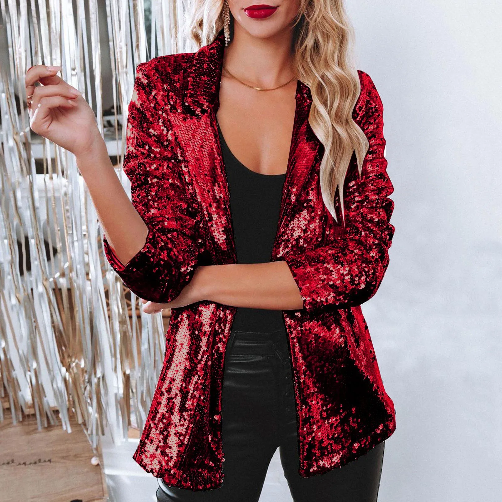 Giacca da donna con paillettes e paillettes Casual manica lunga Glitter Party lucido cappotto con risvolto Vintage con paillettes giacche Club Party