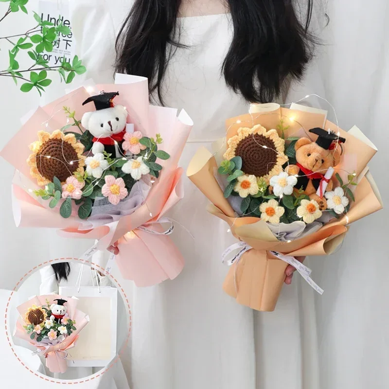 Graduation Flower Bouquet Mother's Day Gift Sunflower Crochet Flower Bouquets with Led Light Artificial Flowers Birthday Gifts