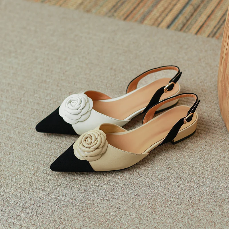 Dilalula Summer Genuine Leather Covered Toe Flower Sandals Ladies Sweet Low Thick Heels Elegant Flower Mixed Color Dress Shoes
