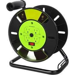 Extension Storage Reel with 4-Grounded Outlets, Heavy Duty Open Portable Empty Hand Crank Electric Cord