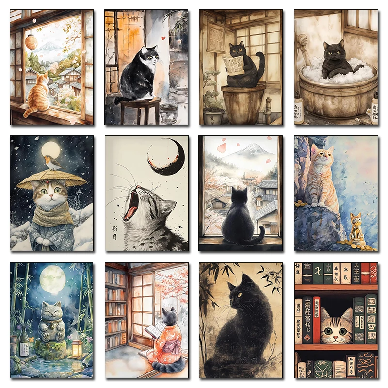 Gato negro japonés, Luna de baño, gato de la suerte, ilustración de dibujos animados, póster Retro, pinturas en lienzo, imágenes artísticas de pared, regalos de decoración del hogar