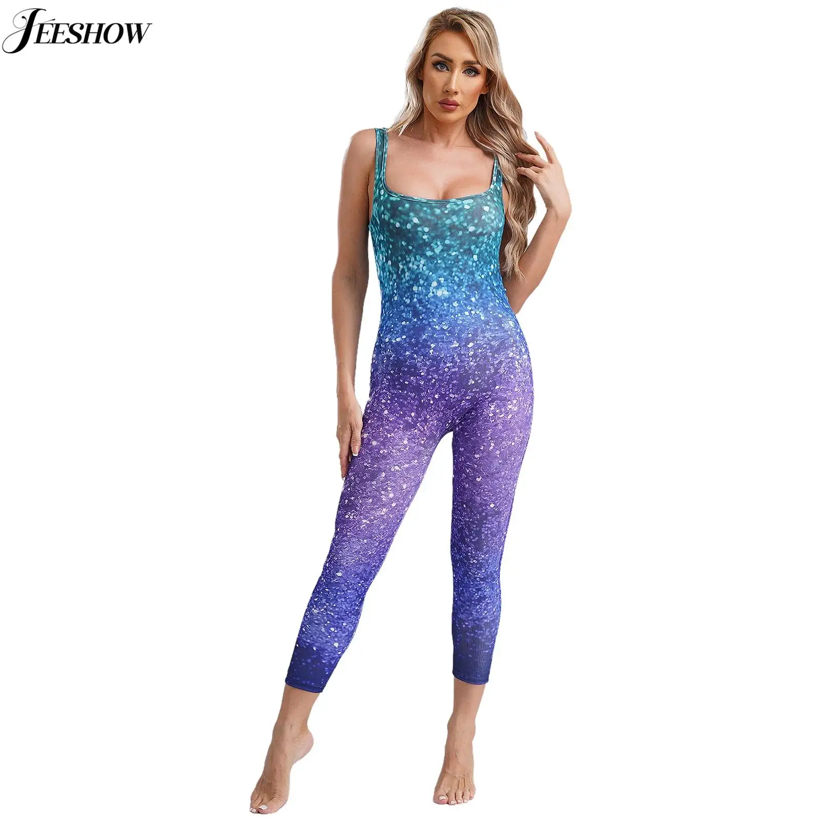 

Womens Digital 3D Print Sleeveless Unitard U Neck Bodycon Jumpsuit Athletic Leotard Full-length Bodysuits for Workout Swimming