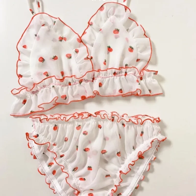 

Men's Printed Sexy Cross-dressing Bra Briefs Set Sissy See Through Ruffle Cute Bikinis Couple BF Erotic Underwear Private Party