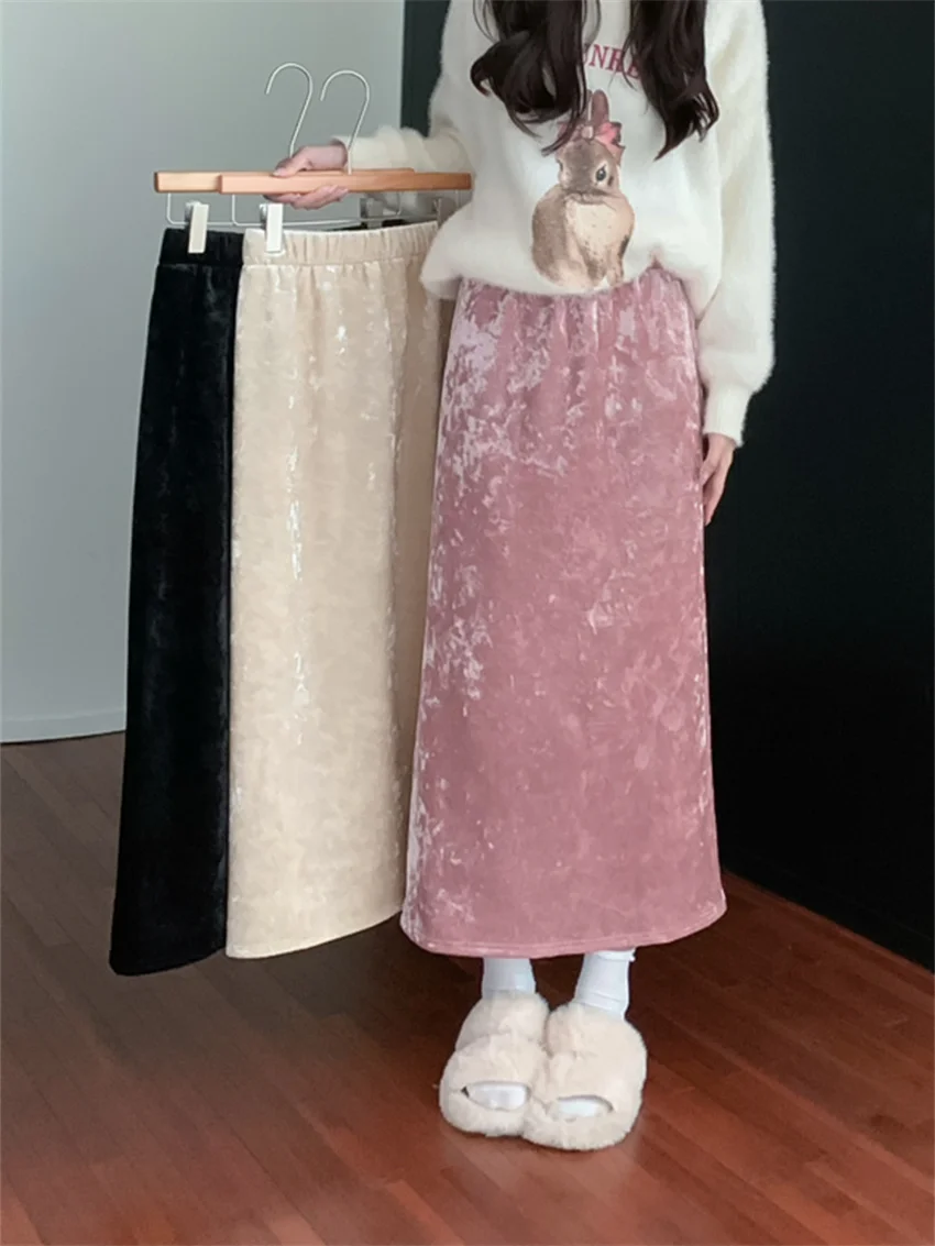 Alien Kitty Hot Sale Split Solid Long Skirts Women Elegant Spring Plush High Waist 2024 Slim New Daily Office Lady Thicken